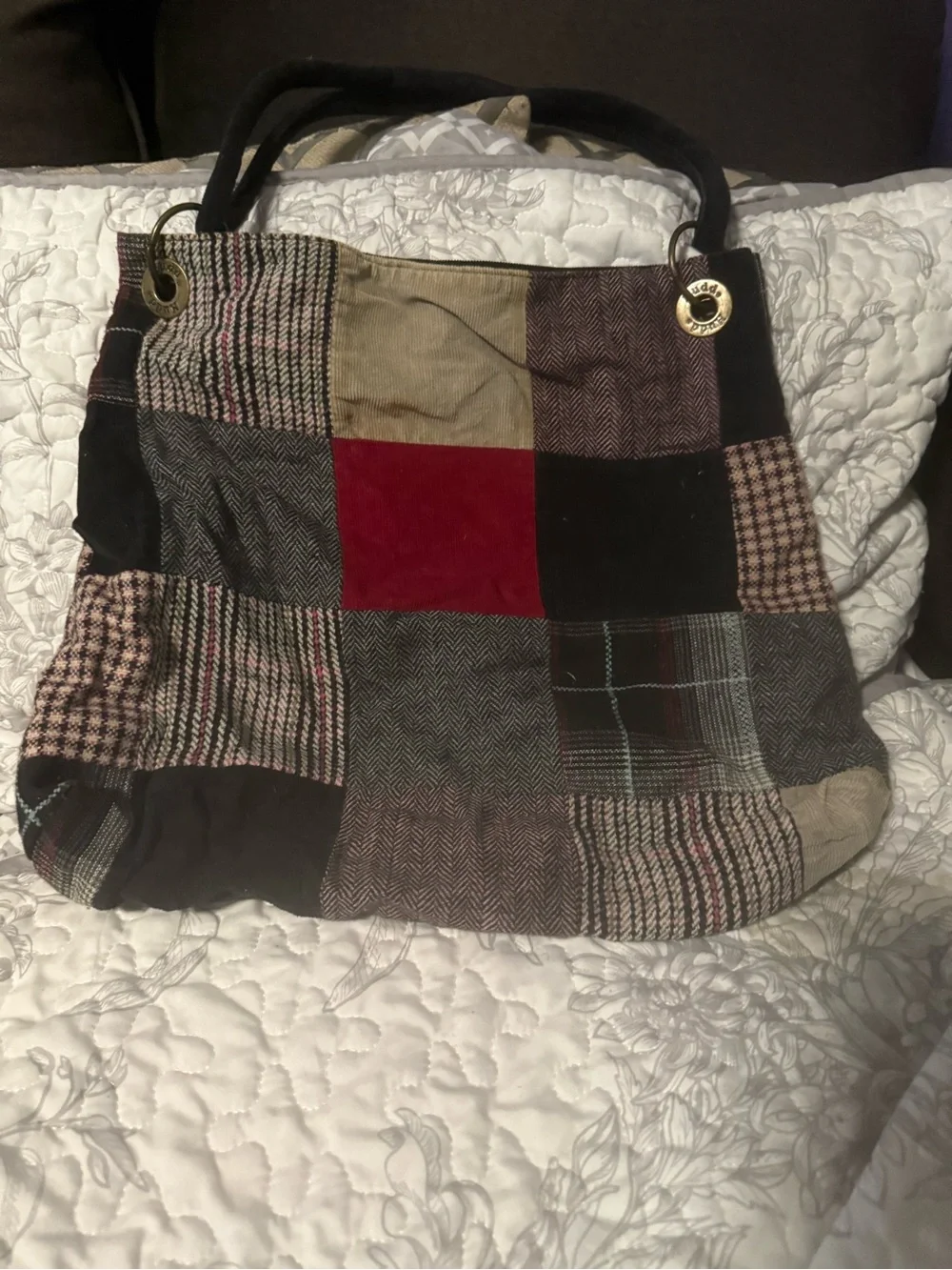 Mudd Patchwork Tote Bag in Red, Black & Brown